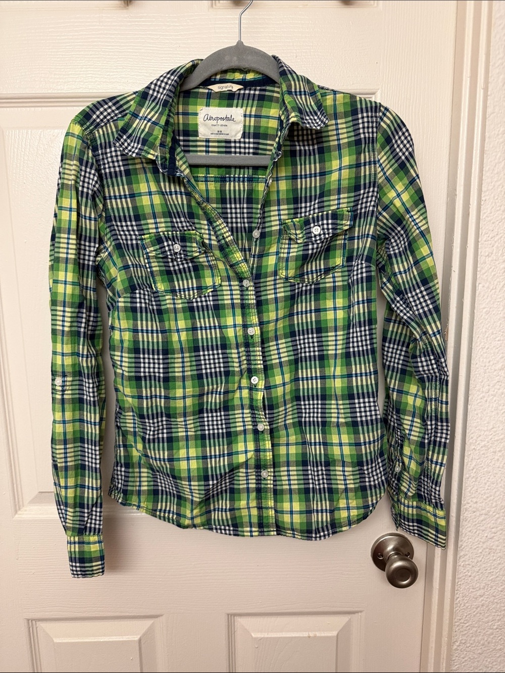 Y2k Aeropostale lime Green & Navy Plaid Button-Down Shirt